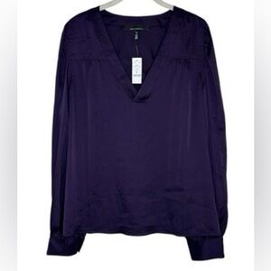 White House Black Market deep rich purple satin gathered sleeve cuff top NWOT